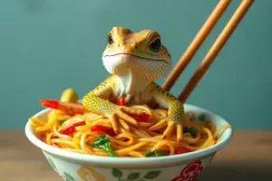 lagartixa em macarrão instantâneo