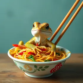 lagartixa em macarrão instantâneo